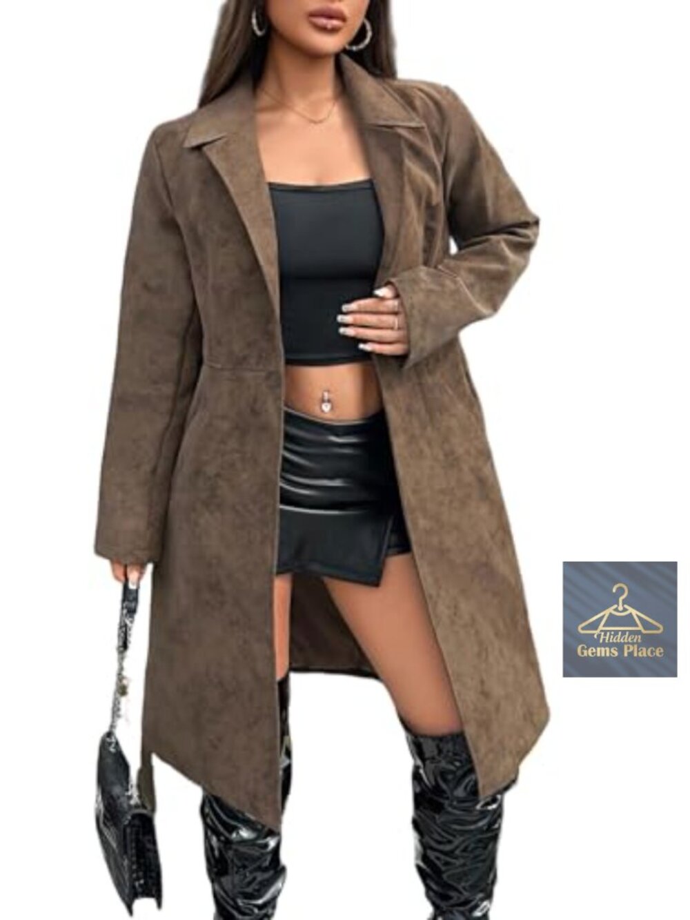 Faux Suede Leather Long Trench Coat with Belt
